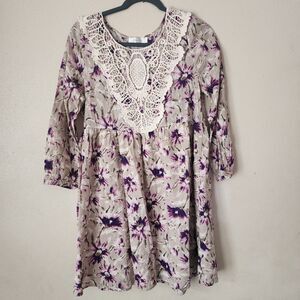 Entro Purple Floral Babydoll Mini Dress S Crochet Lace BIb Yoke Boho Cottagecore
